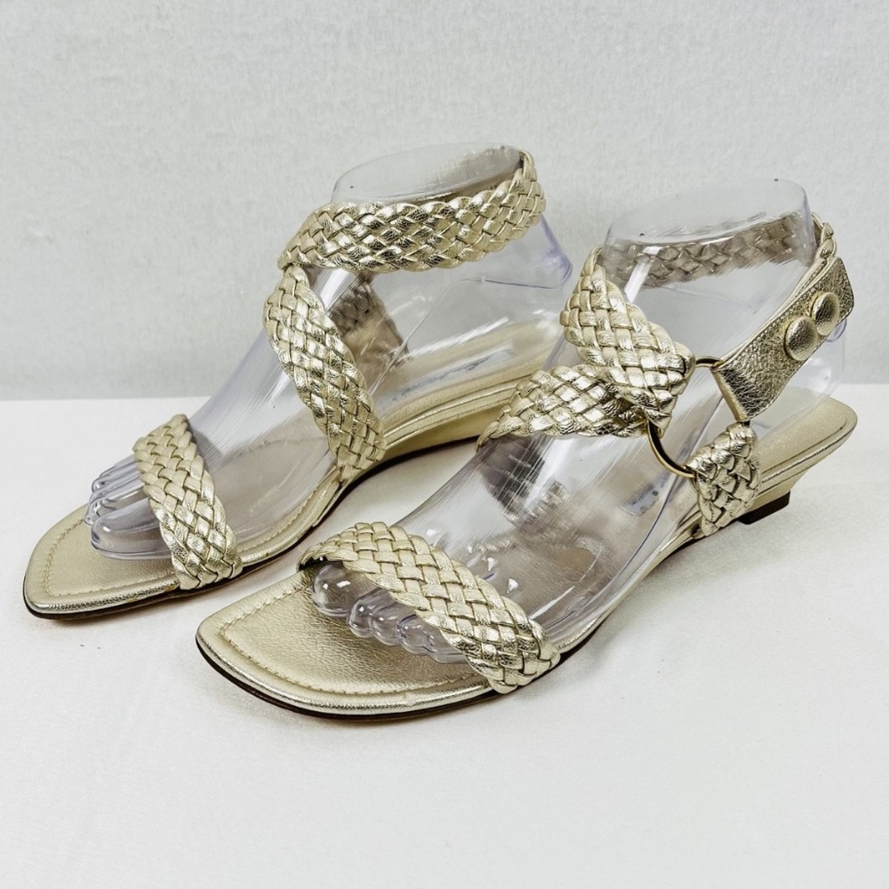 Brian Atwood Metallic Gold Braided Leather Wrap Around Strap Wedge Size 8 (38.5)